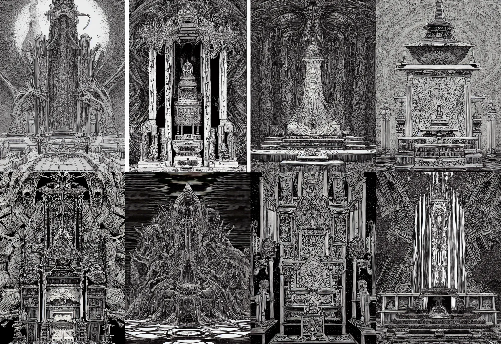 Prompt: an altar of a temple, art by james jean and wayne barlowe and moebius, black and white ink illustration, high details, contrasted colors, cinematic, cgsociety 8 k