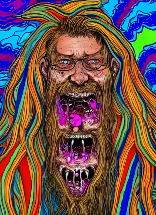 Image similar to a crazy man with long multi colored hair and a pointy beard smiling and making strange gestures as his face melts and inside his face are various psychedelic rebel monsters, psychedelic surreal cosmic bizarre horror