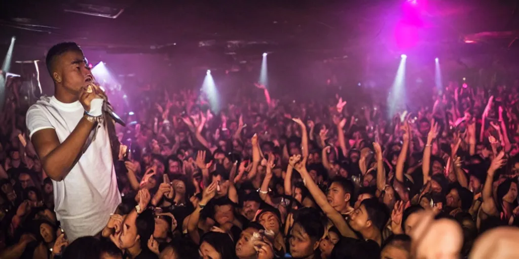 Image similar to A grime rapper performs to a small crowd in a Filipino nightclub, 35m film