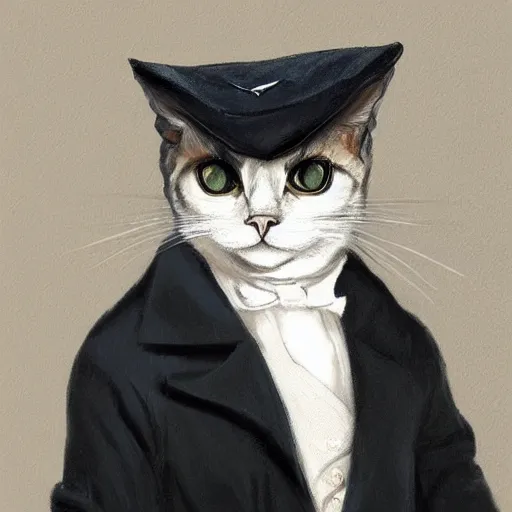 Image similar to a gentleman cat wearing a black jacket and a cap, art station