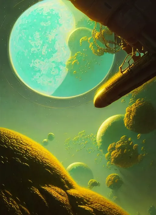 Image similar to extremely detailed, astronaut, lush planet, soft light, jade green, golden glow, diffuse lighting, fantasy, intricate, surrealism!!!!, highly detailed, lifelike, photorealistic, digital painting, artstation, illustration, concept art, smooth, sharp focus, by greg rutkowski, chris tulloch mccabe, valentina remenar and asher duran,