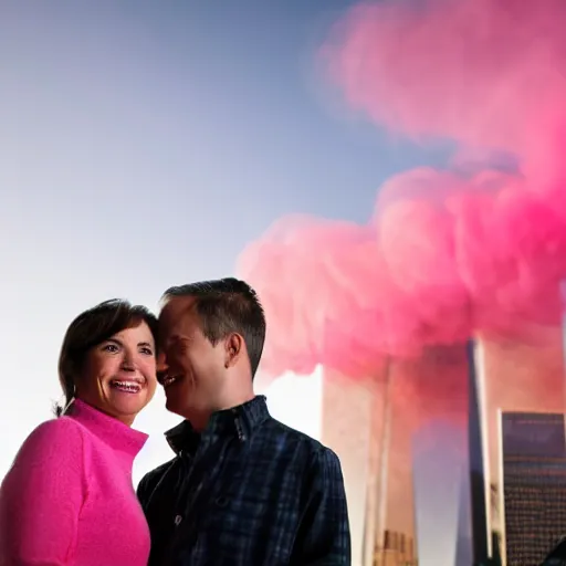 Image similar to a close up of a smiling couple of parents to be, in front of 9 / 1 1 with pink smoke, 1 2 0 mm, clear details, award winning