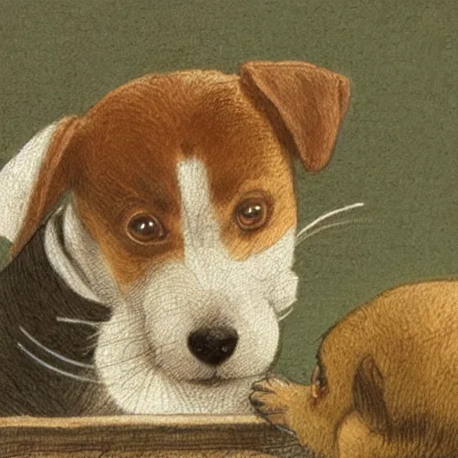 Image similar to closeup candid portrait of jack russel terrier crying on the dog bed, illustrated by peggy fortnum and beatrix potter and sir john tenniel