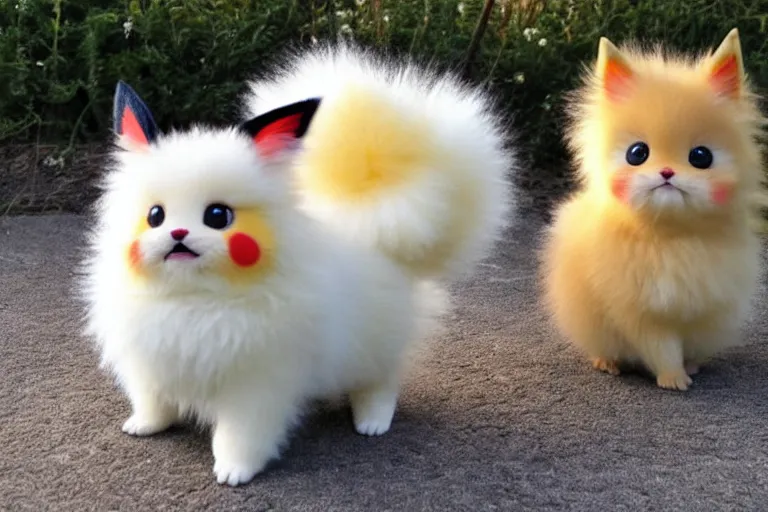 Image similar to real life pokemons, cute!!!, content!!!, mischievous!!!, adorable!!!, little furballs, fluffy!!!, ultra realistic!!!, golden hour, sharp focus