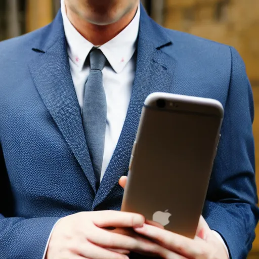 Image similar to homoerectus wearing a suit, using an iphone