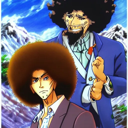 Image similar to Bob Ross in jojo bizarre adventure, anime, Araki style