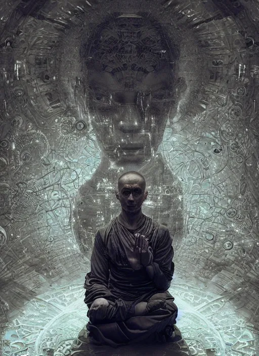 Image similar to portrait of a meditating cybernetic monk, cyberpunk, fractal, in the style of ghosts in the shell, intricate ornaments, elegant, highly detailed, digital photography, subsurface scattering, by jheronimus bosch and greg rutkowski,