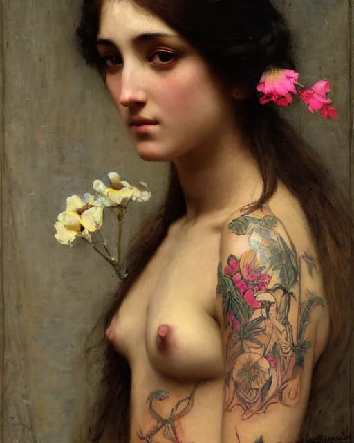 Image similar to a beautiful girl with tattoos surrounded by flowers orientalist intricate portrait by john william waterhouse and edwin longsden long and theodore ralli and nasreddine dinet, oil on canvas. cinematic, hyper realism, dramatic lighting, high detail 8 k