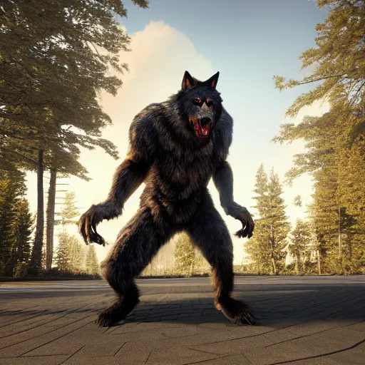 Image similar to man transforming into a werewolf, full body, hyper realistic, 8 k, unreal engine, realistic brown fur, full moon background, ray tracing