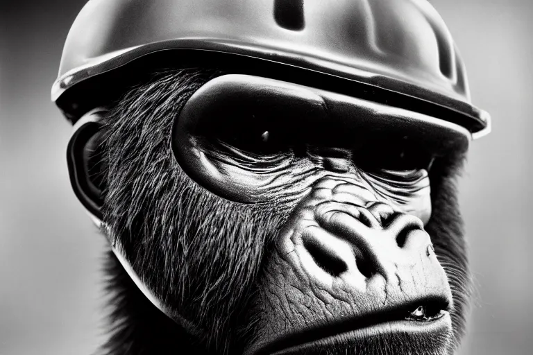 Prompt: a highly detailed cinematic headshot portrait photograph of a sad gorilla in a baseball batting helmet, ultra realistic, depth, beautiful lighting, by richard avedon and annie leibovitz and arnold newman, photorealistic, hyperrealistic, octane, epic composition, hasselblad camera, 5 0 mm, sharp focus, kodak tri - x 3 5 mm, masterpiece