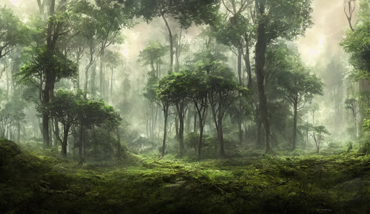 Image similar to a clearing in the forest, sharp focus, matte painting, illustration, concept art, ancient city covered in foliage