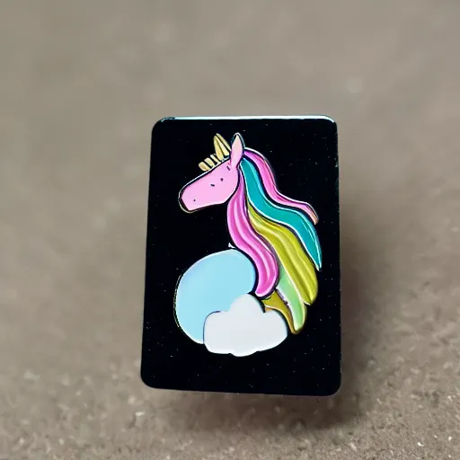 Image similar to rainbow unicorn enamel pin, product photography