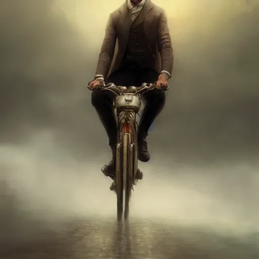 Image similar to cinematic shot epic portrait an man in a fancy suit riding a bike, rain, cloudy, broad light, ambient occlusion, volumetric light effect, made by ivan aivazovsky, peter mohrbacher, greg rutkowski, matte painting, trending on artstation, 4 k, perfectly defined features, digital painting, cinematic, epic, highly detailed,