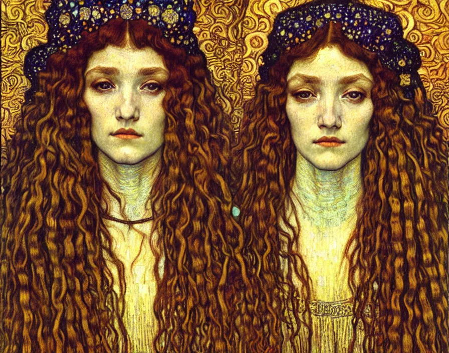 Image similar to detailed realistic beautiful young medieval queen face portrait by jean delville, gustav klimt and vincent van gogh, art nouveau, symbolist, visionary, gothic, pre - raphaelite, muted earthy colors, desaturated