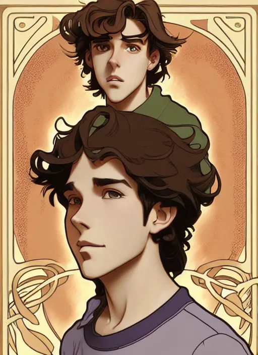 Image similar to art nouveau portrait of a teen boy with medium length big mess of curly light brown hair, brown eyes, aloof, serious expression, t - shirt, modern casual clothing, natural lighting, path traced, highly detailed, high quality, cartoon, digital painting, by don bluth and ross tran and studio ghibli and alphonse mucha