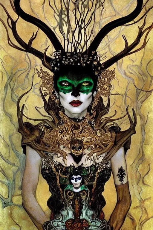 Image similar to The Queen of Bones by Karol Bak, Jean Deville, Gustav Klimt, and Vincent Van Gogh, portrait of a majestic demonic queen, vampiress, jade green cat eyes on fire, mystic eye, otherworldly, crown made of bones, antlers, horns, ornate jeweled crown, skull, fractal structures, arcane, inferno, inscribed runes, infernal relics, ornate gilded medieval icon, third eye, spirals, rich deep moody colors