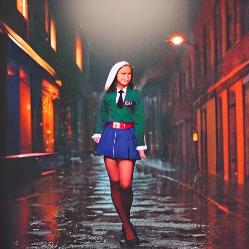 Prompt: night flash portrait photography of a high school girl in catholic uniform on the lower east side by annie leibovitz, colorful, nighttime!, raining!