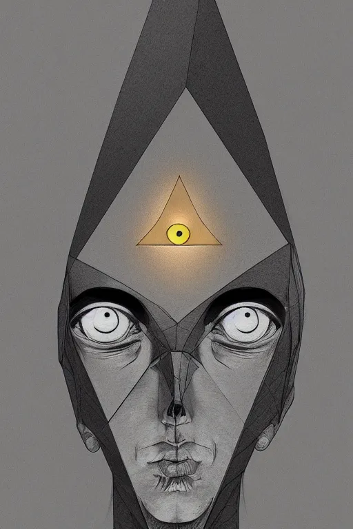 Prompt: portrait of triangle shaped head with single centered giant diamond eye, in the style of Greg Broadmore and Arthur Rackham,trending on artstation, light lighting side view,digital art,surrealism ,macro,blueprint ,vaporwave ,