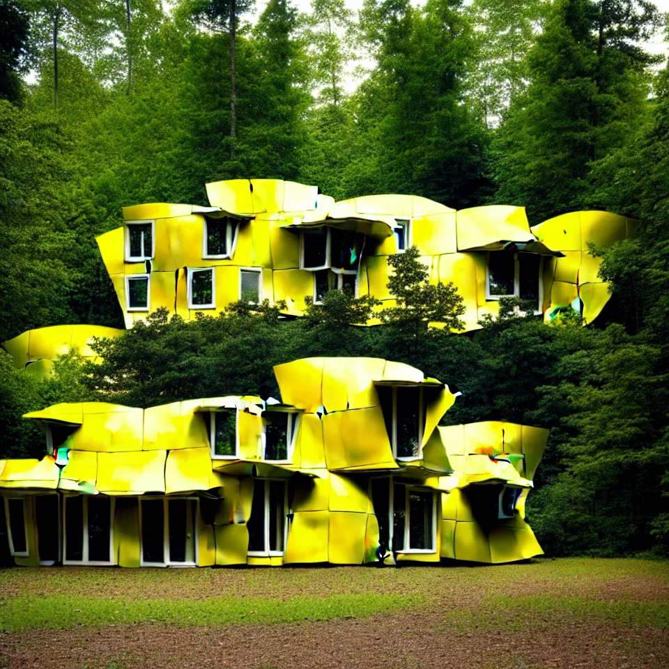 Prompt: a flat house from far away with big tiles, in a forest, designed by Frank Gehry. Film grain, cinematic, yellow hue