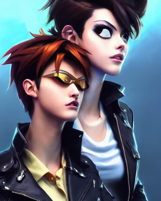 Image similar to tracer and mei wearing a leather jacket, perfect face, cinematic, stunning, cute, adorable, strong, highly detailed, psychedelic, digital painting, artstation, smooth, hard focus, illustration, art by jessica rossier and and brian froud