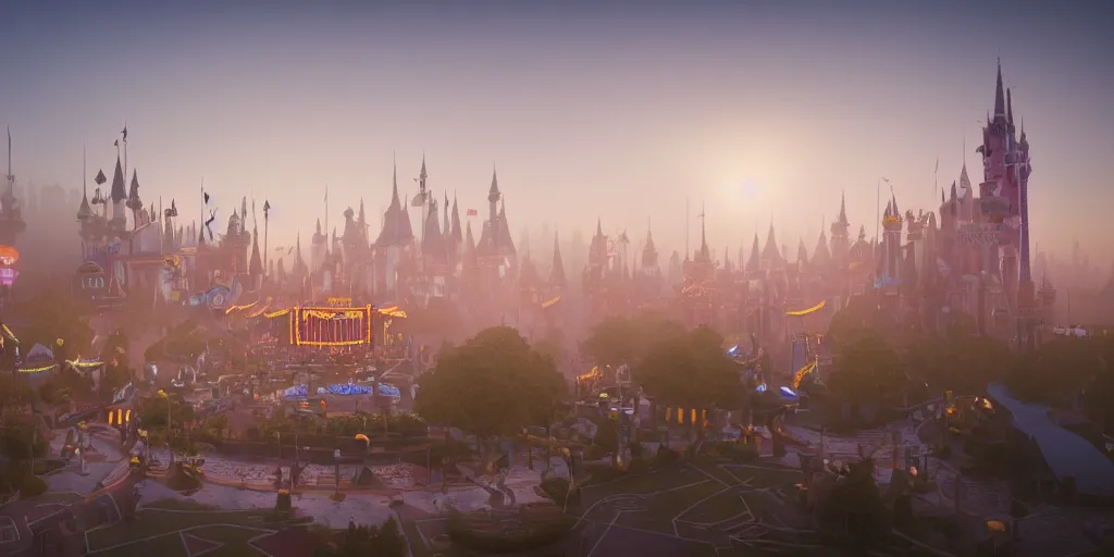 Prompt: cinematic, photograph of Disney Land under a foggy sun behind megastructures inspired impacts of Climate change by Alexandros Pyromallis, depth of field, misty, hyper realistic, digital painting, 8k, 35mm film grain, octane render