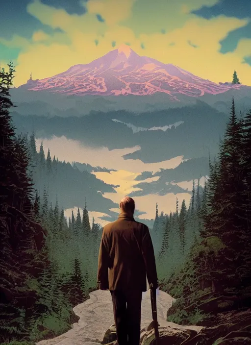 Prompt: Twin Peaks poster artwork by Michael Whelan and Tomer Hanuka, Rendering of Mads Mikkelsen from scene from Twin Peaks, full of details, by Makoto Shinkai and thomas kinkade, Matte painting, trending on artstation and unreal engine