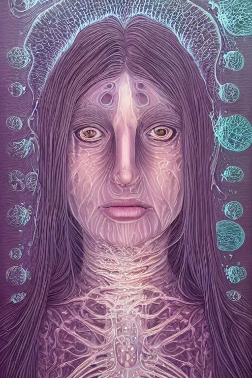 Image similar to dark underwater portrait of a Bioluminescent ancient woman, with reaction diffusion semi-transparent skin. face closeup. long intricate dark hair, with jellyfish. very high detail, illustration, by alex grey and Ilya Kuvshinov