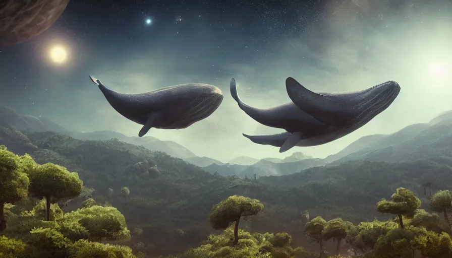 Image similar to highly detailed scifi render of a flying whale over the tuscany skies, cypresses and hills, stars and planets, hyper detailed, digital art, led lighting, studio quality, smooth render, unreal engine 5, octane render, trending on artstaion.