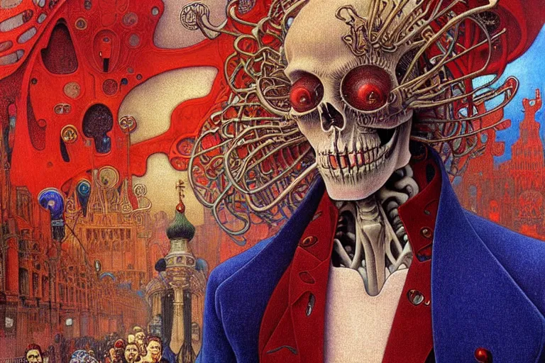 Image similar to realistic detailed closeup portrait painting of a single skeleton wearing red velvet blazer in a crowded futuristic moscow street by Jean Delville, Amano, Yves Tanguy, Alphonse Mucha, Ernst Haeckel, Edward Robert Hughes, Roger Dean, rich moody colours, blue eyes