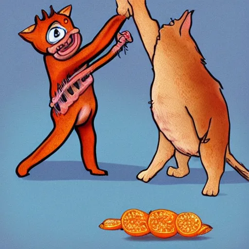 Image similar to anthropomorphic bacon strip, the bacon is sword fighting an orange tabby, realism