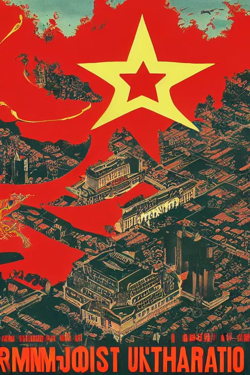 Image similar to a communist propaganda poster of Kim Jong-il and a giant starfish Kaiju monster destroying Pyongyang, traditional Korean city, palace, epic ultrawide shot, cinémascope