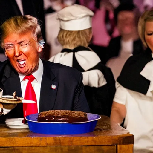 Prompt: crying donald trump in a highchair with chocolate pudding all over his face, gettyimages,