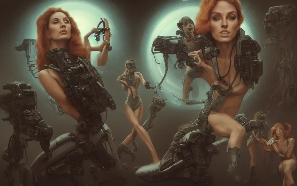 Image similar to Ladies, with detailed faces, in holograms of alien artifacts, electrical case display, total recall tech, , ultrarealistic, dramatic lighting, electrical details, high details, 4k, 8k, best, accurate, trending on artstation, artstation, photorealism, ultrarealistic, digital painting, style of Peter Mohrbacher, Caravaggio, Boris Vallejo