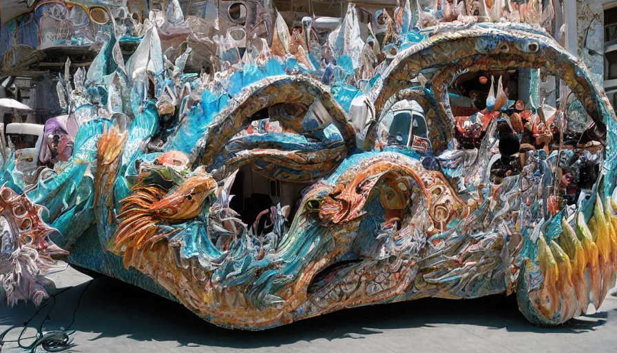 Image similar to papier-mâché art cars of Burning Man looking like dragons and fish, Kodachrome, photorealistic,