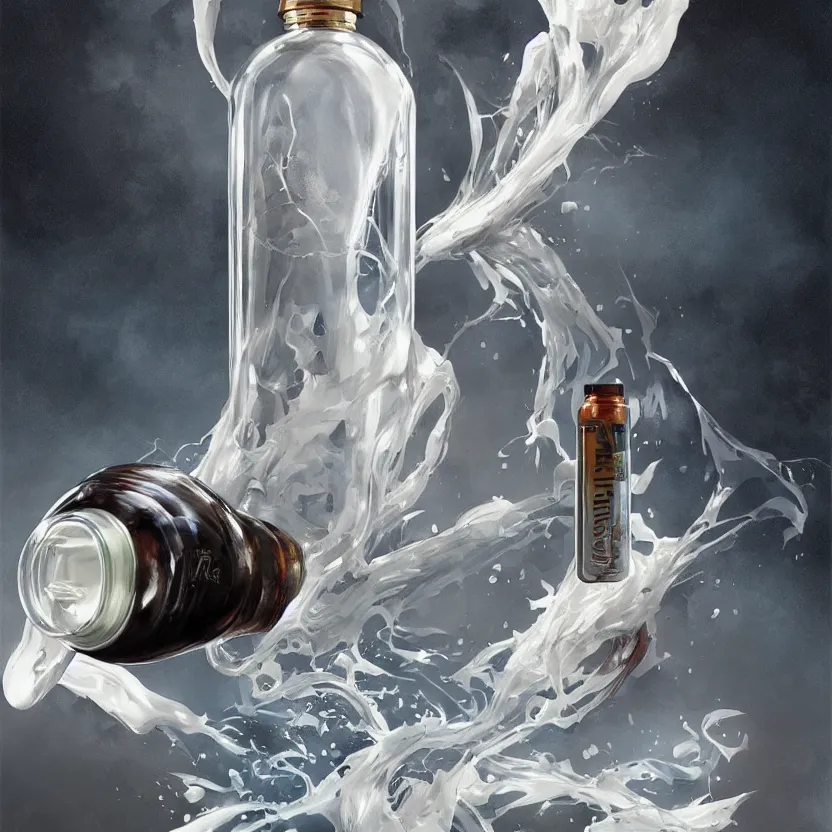 Image similar to concept art of a pagani dietary supplement with white liquid in a transparent bottle with big black sticker on it, by aenaluck, artgerm and roberto ferri and greg rutkowski, light blue and white tones, digital painting, artstation, concept art, smooth, sharp foccus ilustration hq