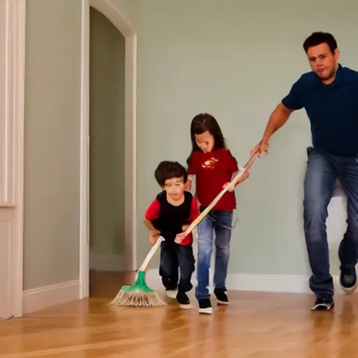 Image similar to a family chasing a bat around a room with a broom and a plastic bin.