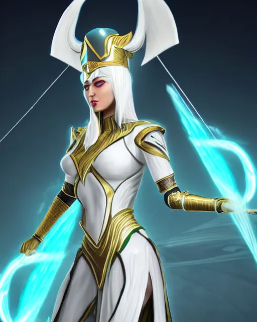 Image similar to perfect white haired attractive egyptian goddess, warframe armor, pharaoh headdress, beautiful, symmetric, dreamy, half asian, pretty face, green eyes, charlize theron, detailed, scifi platform, laboratory, experiment, 4 k, ultra realistic, epic lighting, android body, illuminated, cinematic, masterpiece, art by akihito tsukushi, voidstar