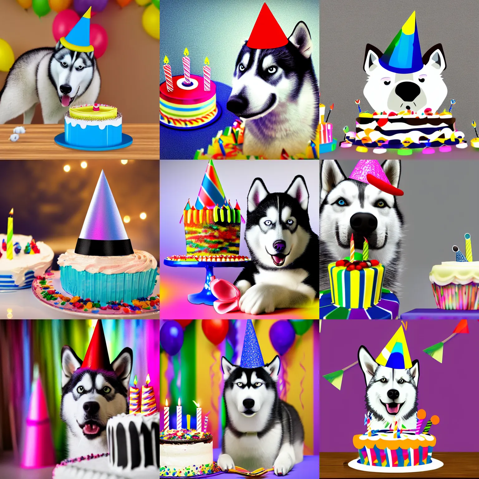 Prompt: husky wearing a party hat next to a birthday cake, digital art, very detailed, realistic, unrealenige 5, 4 k hd