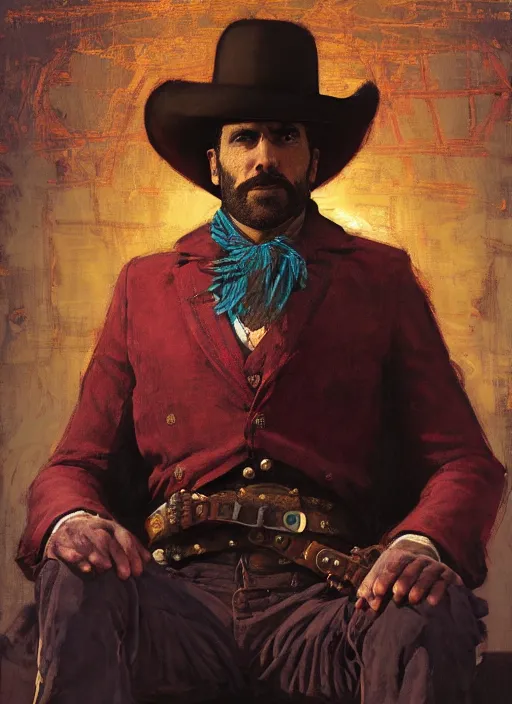 Prompt: Old west circus clown (rdr2, laurie Greasley). Iranian orientalist portrait by john william waterhouse and Edwin Longsden Long and Theodore Ralli and Nasreddine Dinet, oil on canvas. Cinematic, hyper realism, realistic proportions, dramatic lighting, high detail 4k