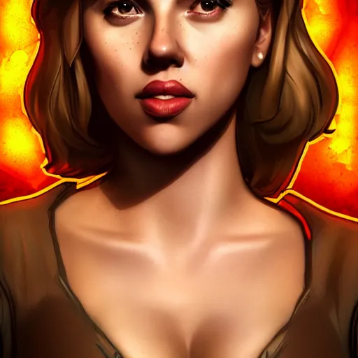 Image similar to scarlett johansson portrait, borderlands, tales from the borderlands, the wolf among us, comic, cinematic lighting, studio quality, 8 k