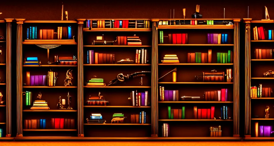 Image similar to a bookshelf of wonderful magical instruments, cinematic lighting, detailed, 4 k