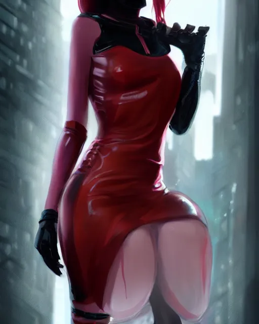 Image similar to Portrait of a futuristic rogue by Charlie Bowater, latex dress, gothic, short red hair, complementary rim lights, backlit, posing, cyberpunk city backdrop