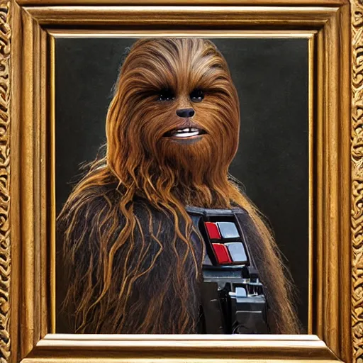 Image similar to a portrait painting of chewbacca from star wars in a renaissance style hanging in the louvre