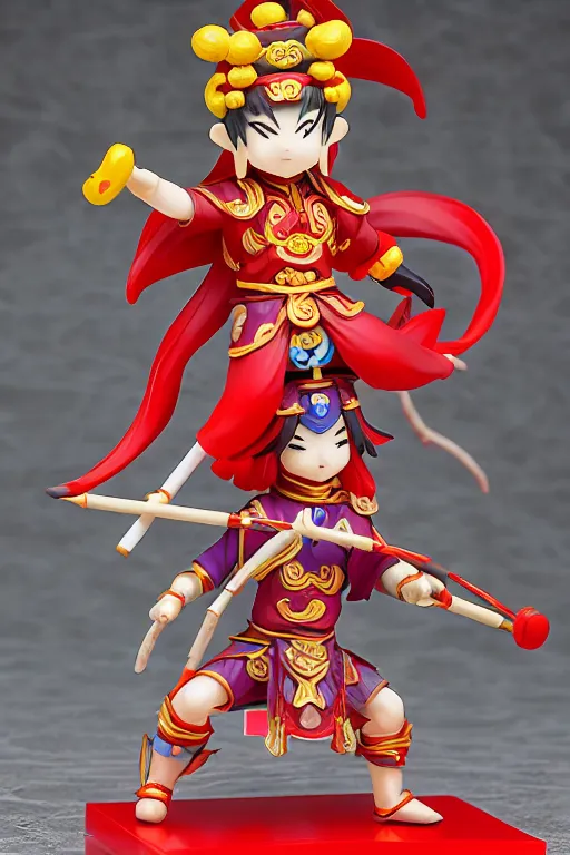 Image similar to arty chinese mythology ne zha nendoroid full body hyperdetalied, hero action pose, osamu tezuka, macoto takahashi, chibi, q posket, 8 k realistic, 3 d, cryengine, exquisite, red cloth around his shoulders, hold spear, ne zha ( 2 0 1 9 ), fenghua zhong,