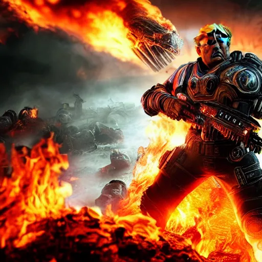 Prompt: Photo portrait of Donald Trump burning in hell!! in Gears of War, splash art, movie still, detailed face, photorealistic facial features, cinematic lighting, dramatic, octane render, long lens, shallow depth of field, bokeh, anamorphic lens flare, 8k, hyper detailed, 35mm film grain