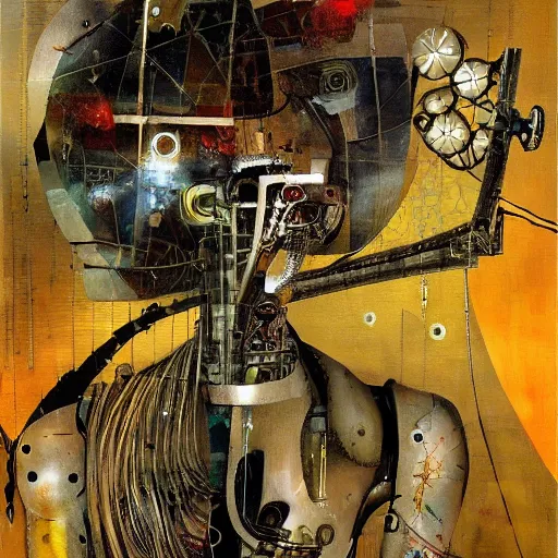 Prompt: a full wired mechanical robot imagines a fantasy world, oil on canvas by dave mckean