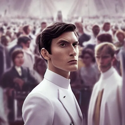 Prompt: portrait of a regal prince with sharp cheekbones, white clothes, high collar, close up, super details, crowd of angry people out of focus in the background, modern digital art, matte painting, science fiction