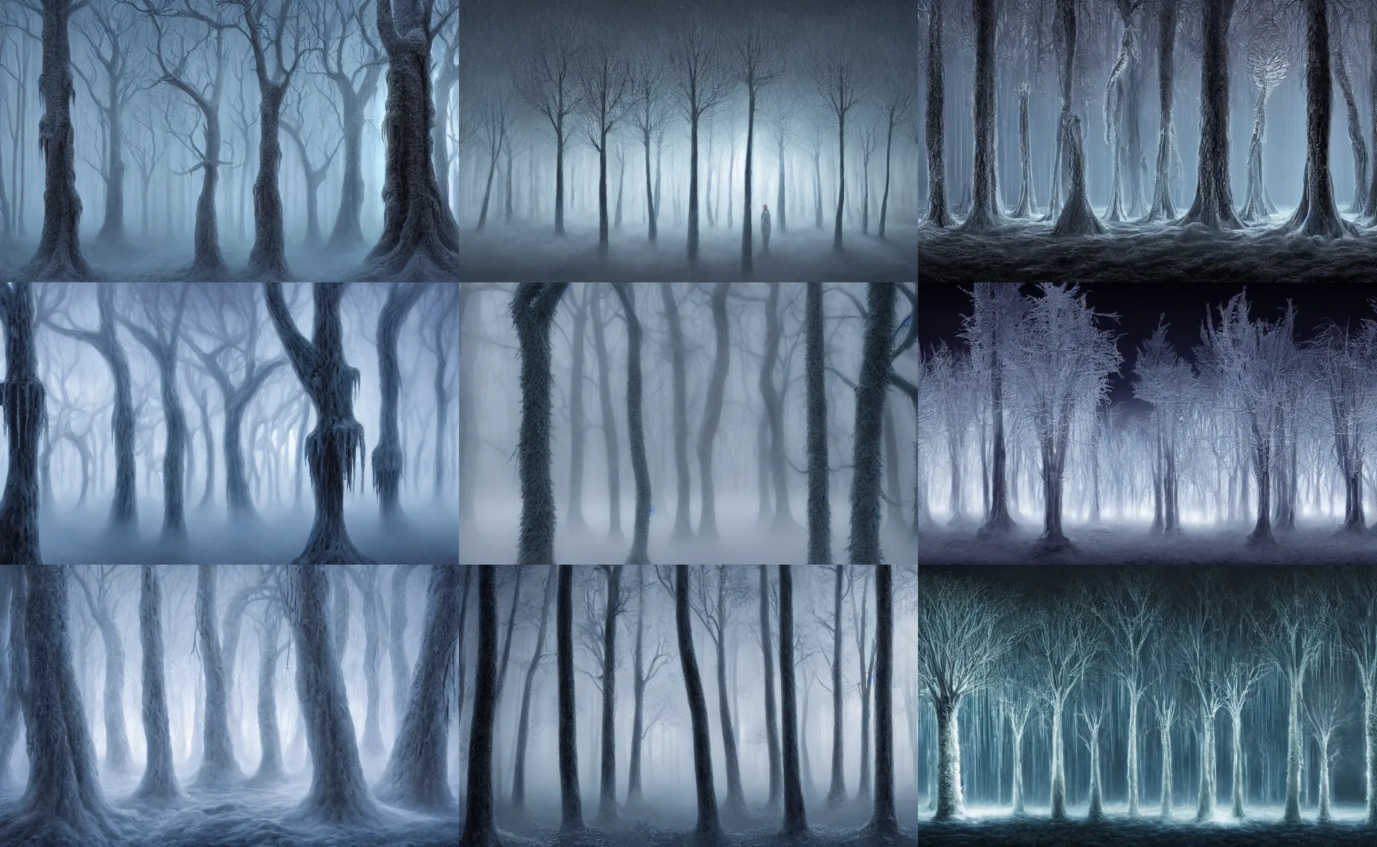 Prompt: artwork of a massive overgrown ice sculpture tree forest at night, fog, cold ambient light, artwork by gerald brom, beautiful, 4 k, masterpiece,