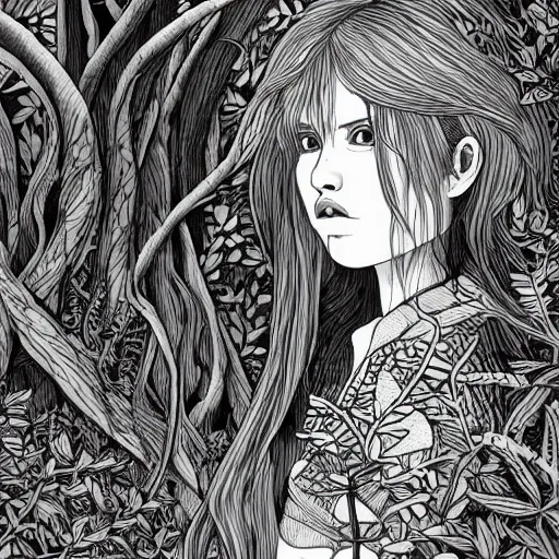 Image similar to a ultra detailed line art illustration of a red + haired + girl wandering alone in a mysterious forest, by thomke meyer and julia plath, intricate, fantasy, hyperdetailed