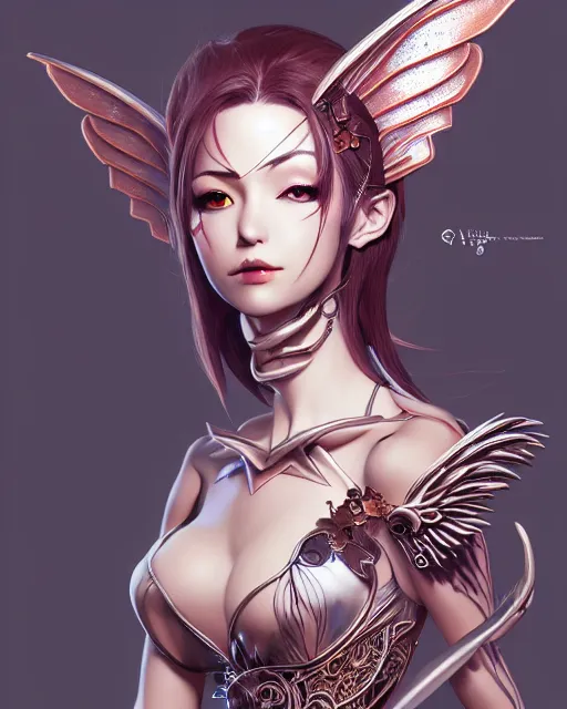 Prompt: 3 / 4 view of woman with metal wings, pixie character, genshin impact, intricate, elegant, sharp focus, illustration, highly detailed, concept art, matte, artgerm, anime, trending on artstation